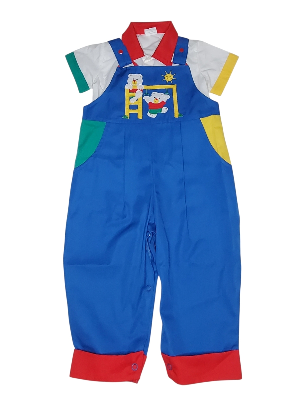 Vintage Baby 2 Piece Overalls Outfit Teddy Bear Colorblock Romper Set Size 18M